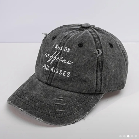 "I RUN ON Caffeine AND KISSES"Baseball Cap Letter Embroidered  Black Distressed - Picture 3 of 6